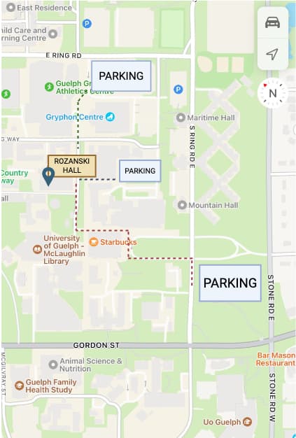 Parking map showing convenient lots and walking routes to Rozanski Hall